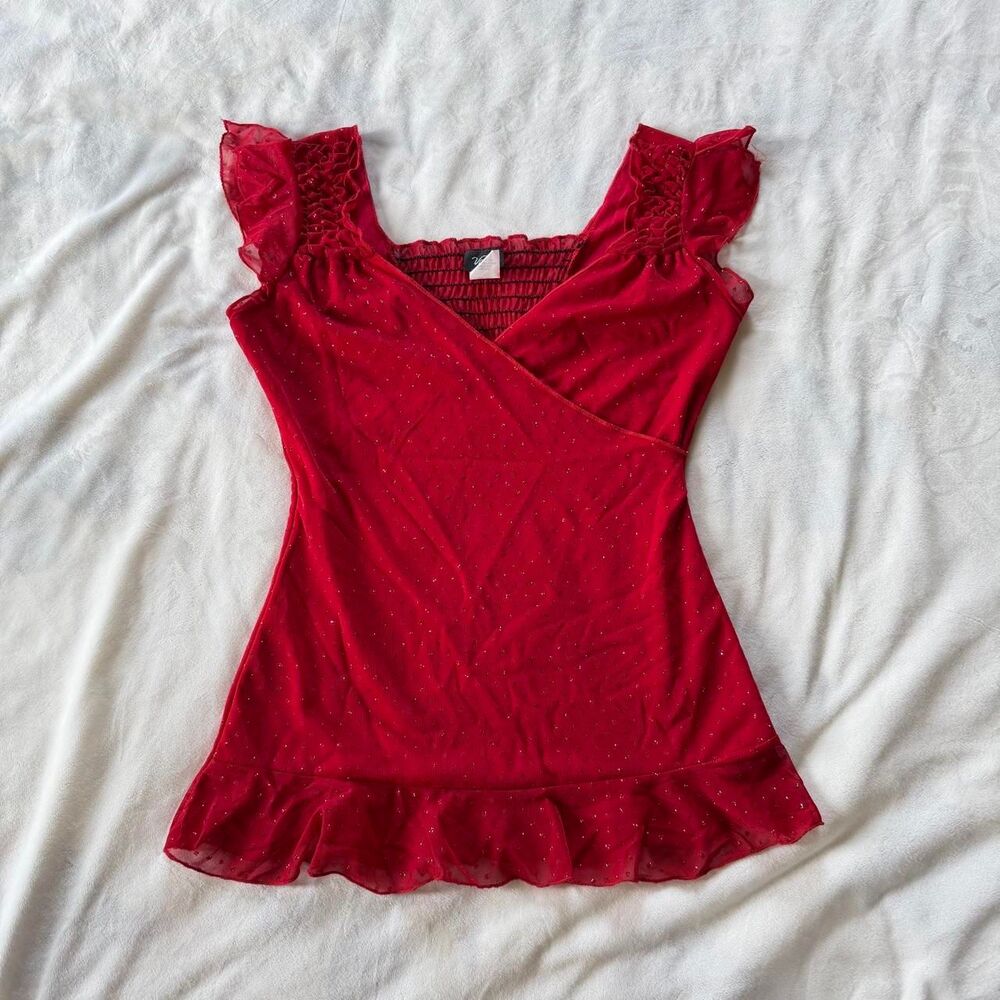 vintage y2k fairy romantic red glitter top ruffle hem & flutter sleeves sz small